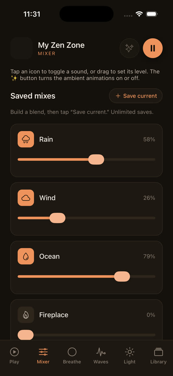 The sound mixer with rain, wind and ocean each at their own level